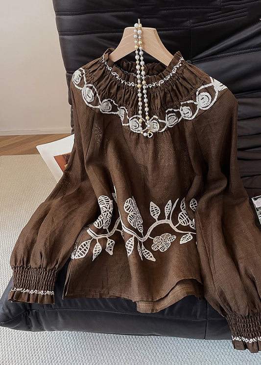 Vintage Coffee Embroidered Wrinkled Cotton Blouses Fall