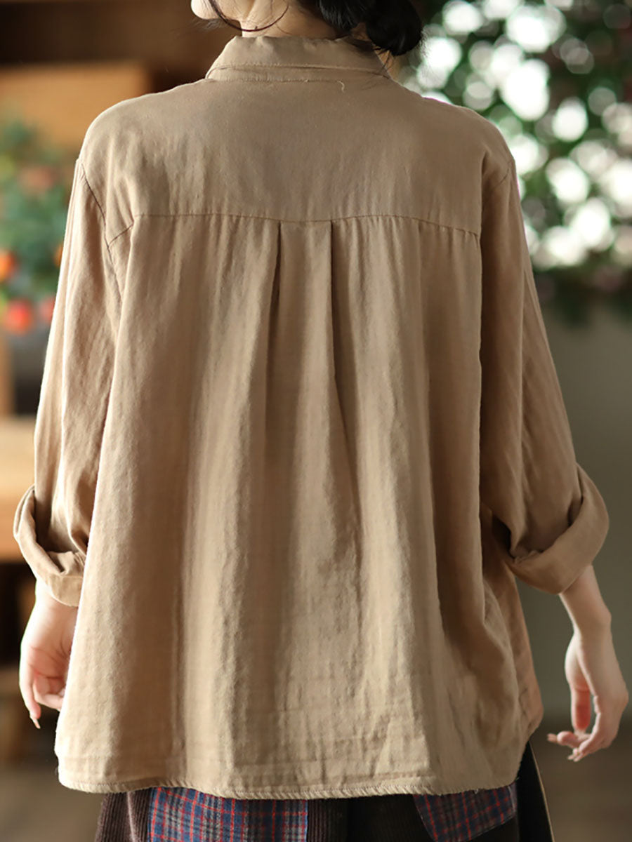 Women Spring Vintage Solid Button Pocket T-shirt