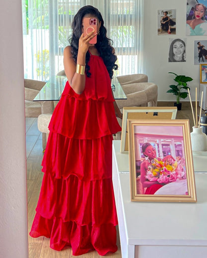 Scarlet Red Halter Tiered Ruffled Maxi Dress Slimming Draped Vacation Banquet Gown