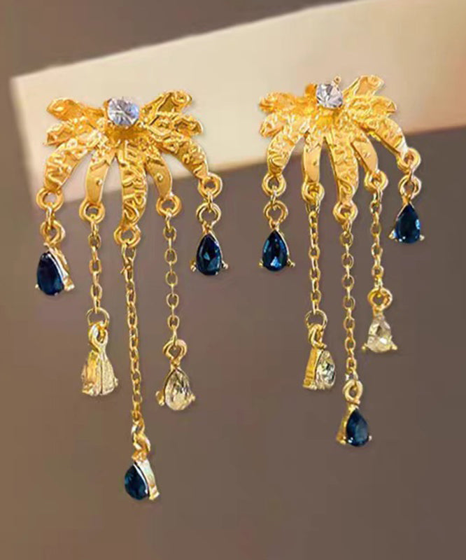Fashion Gold Ancient Gold Zircon Fireworks Tassel Drop Earrings