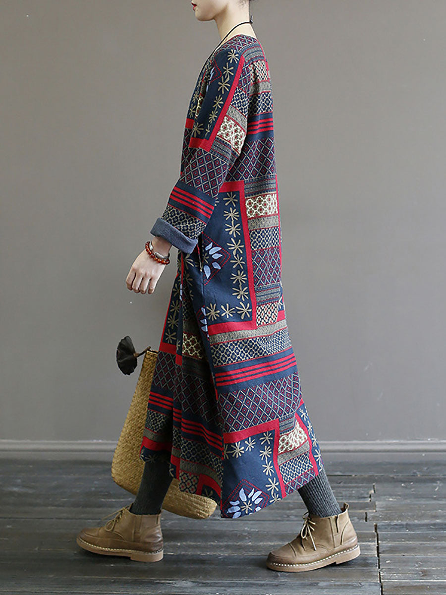 Women Winter Vintage Ethnic Pocket Print Loose Dress