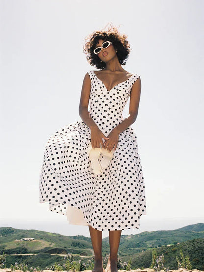 Rahma Polka Dot Drop Waist Midi Cotton Poplin Dress