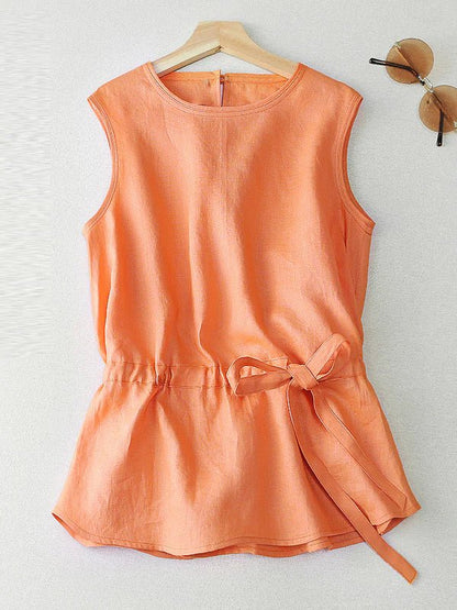 Pure Color Crew Neck Drawstring Casual Linen Vest Top