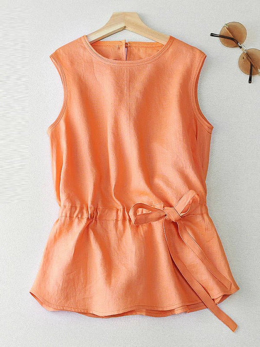 Pure Color Crew Neck Drawstring Casual Linen Vest Top