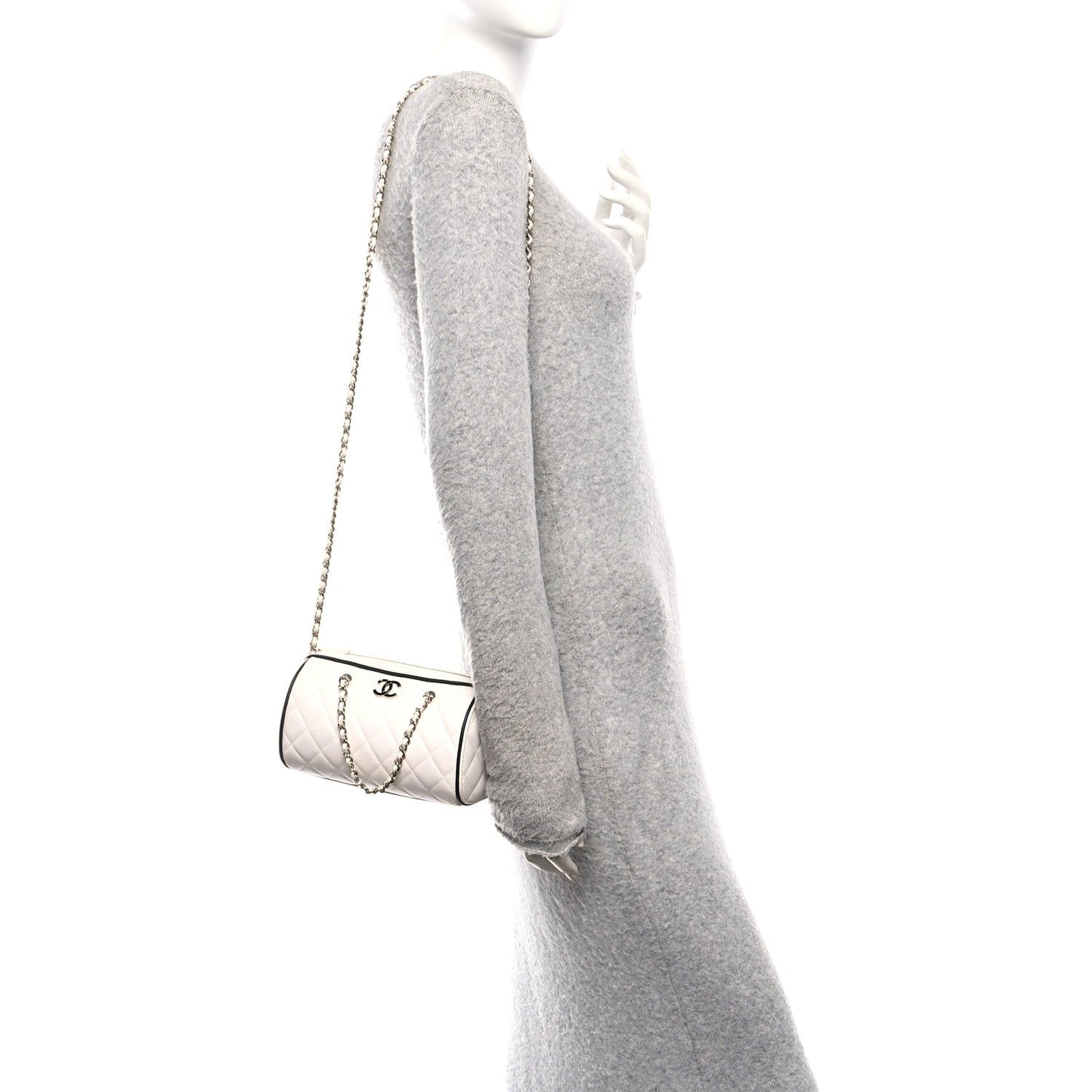 Lambskin Quilted Barrel Clutch With Chain White
