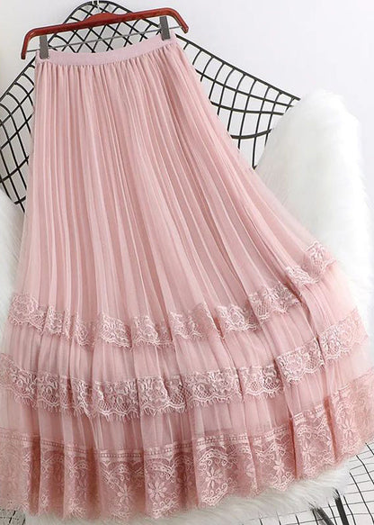 Fashion Brown High Waist Tulle Maxi Skirts Woman Mesh Lace Patchwork