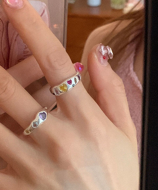 Boutique Rainbow Stainless Steel Asymmetrical Zircon Love Rings Three Piece Set