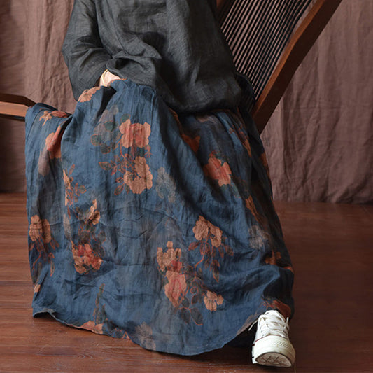 Plus Size  Cozy Retro Floral Linen Skirt