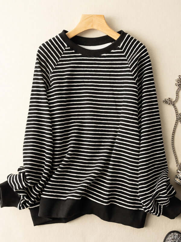 100% Natural Material Striped Art Retro Loose T-shirt Pullover