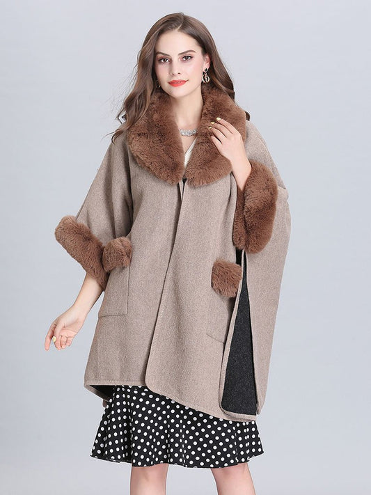Poncho Knitwear Women Faux Fur Coat Shawl Collar Sweaters