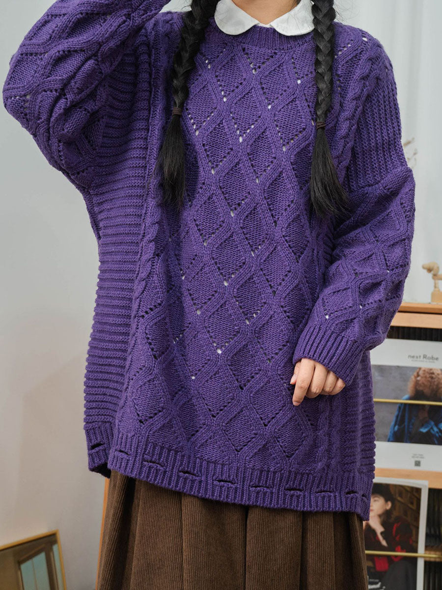 Women Winter Artsy Rhomboids Knitted Loose Sweater