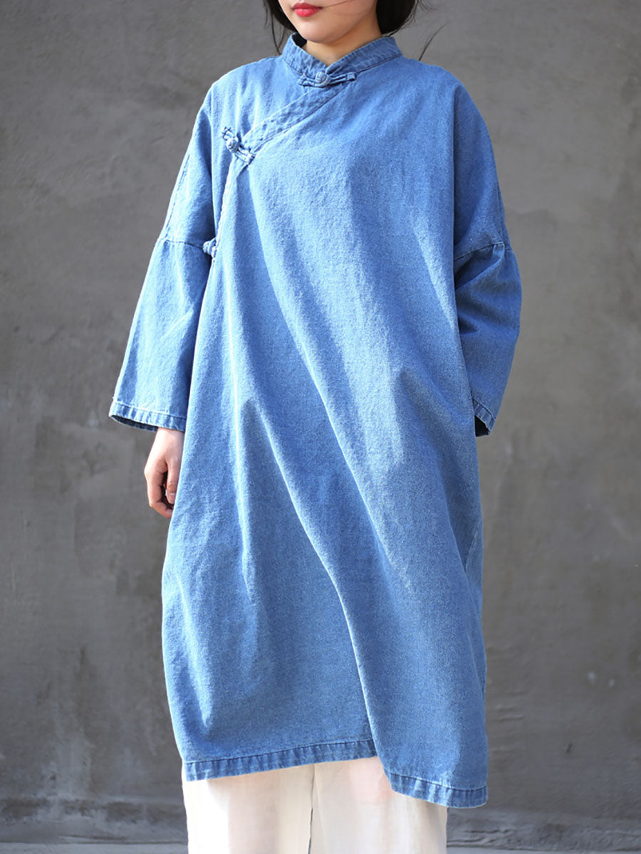 Women Spring Vintage Frog Denim Loose Dress