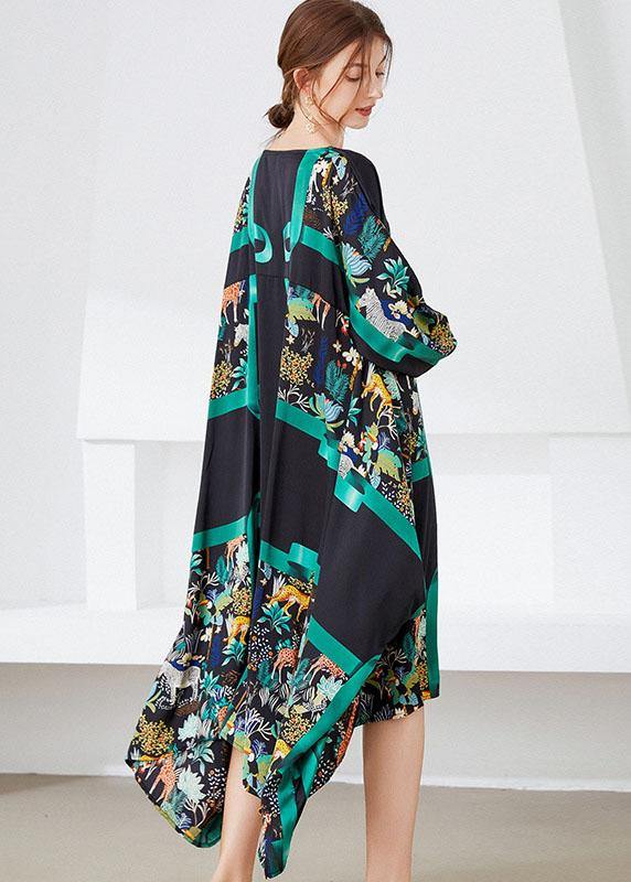 Vintage Black Green V Neck Print Fall Long Dresses