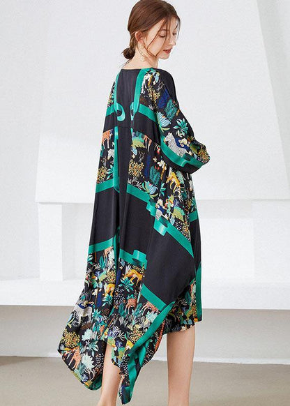 Vintage Black Green V Neck Print Fall Long Dresses