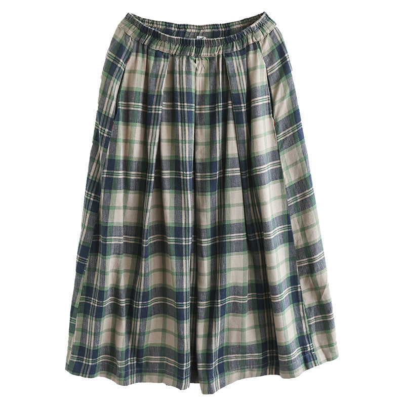 Vintage Cotton and Linen Check Elastic High Waist Plus Size A-Line Skirt