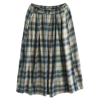 Vintage Cotton and Linen Check Elastic High Waist Plus Size A-Line Skirt