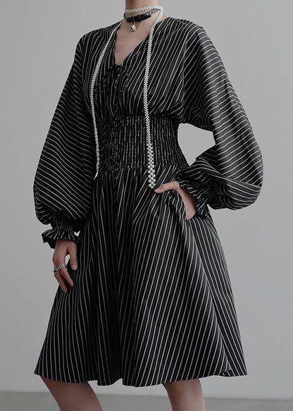 French Black V Neck Striped Pockets Cotton Mid Dress Fall