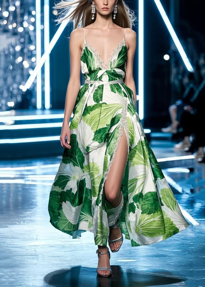 Boho Green Print Side Open Silk Spaghetti Strap Dress Summer