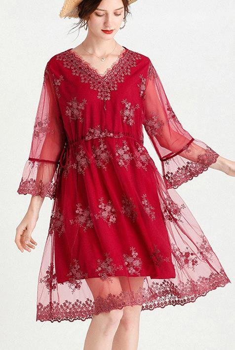 Elegant Mulberry V Neck Petal Sleeve Mini Summer Lace Dress
