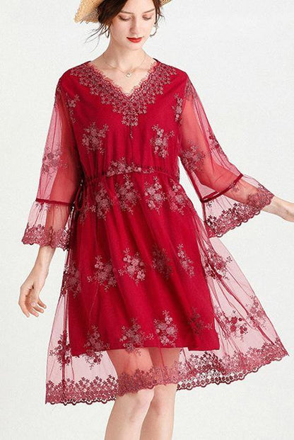 Elegant Mulberry V Neck Petal Sleeve Mini Summer Lace Dress