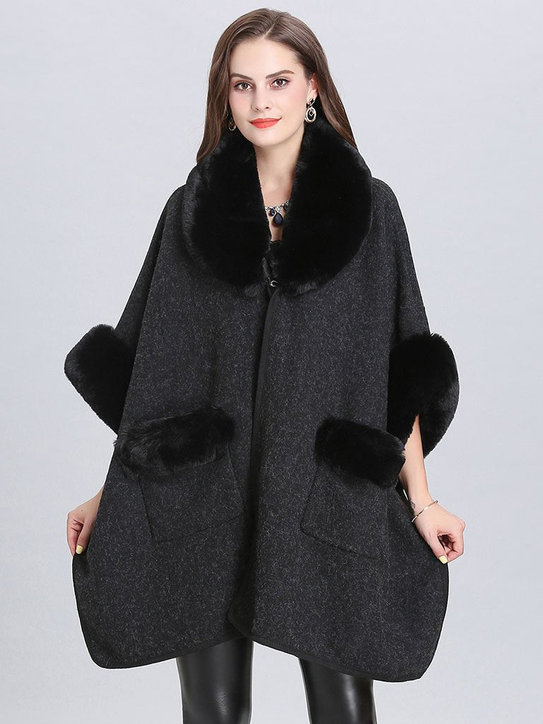 Poncho Knitwear Women Faux Fur Coat Shawl Collar Sweaters