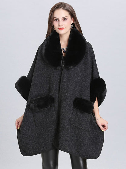 Poncho Knitwear Women Faux Fur Coat Shawl Collar Sweaters