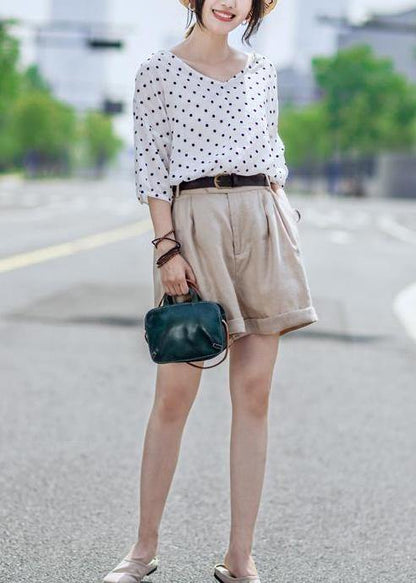 Chic linen Blouse Vintage Casual Linen Dot V-Neck Women Blouse