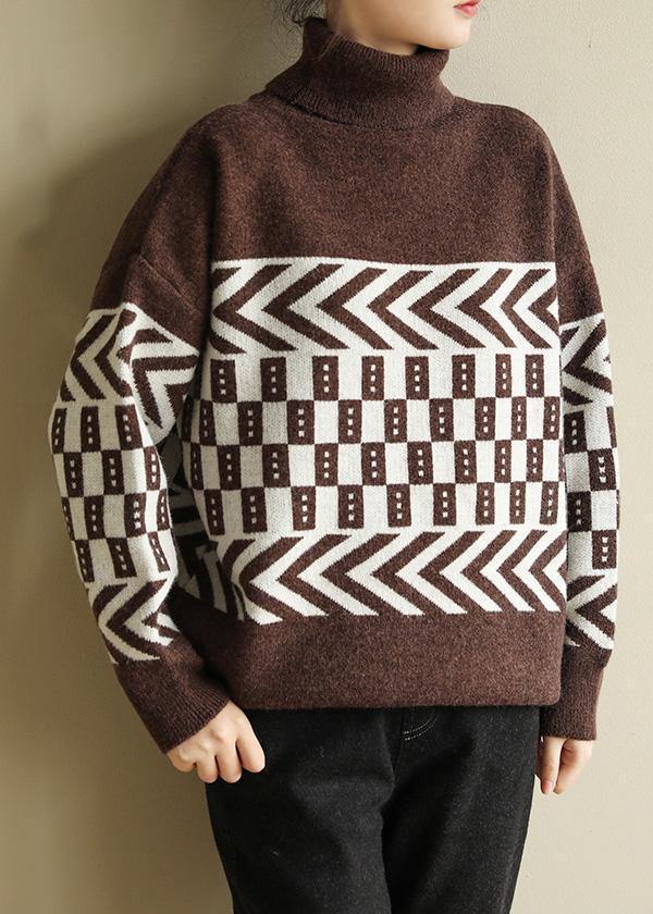 Women chocolate knitted pullover patchwork Loose fitting high neck sweaters