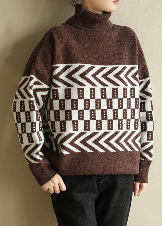 Women chocolate knitted pullover patchwork Loose fitting high neck sweaters