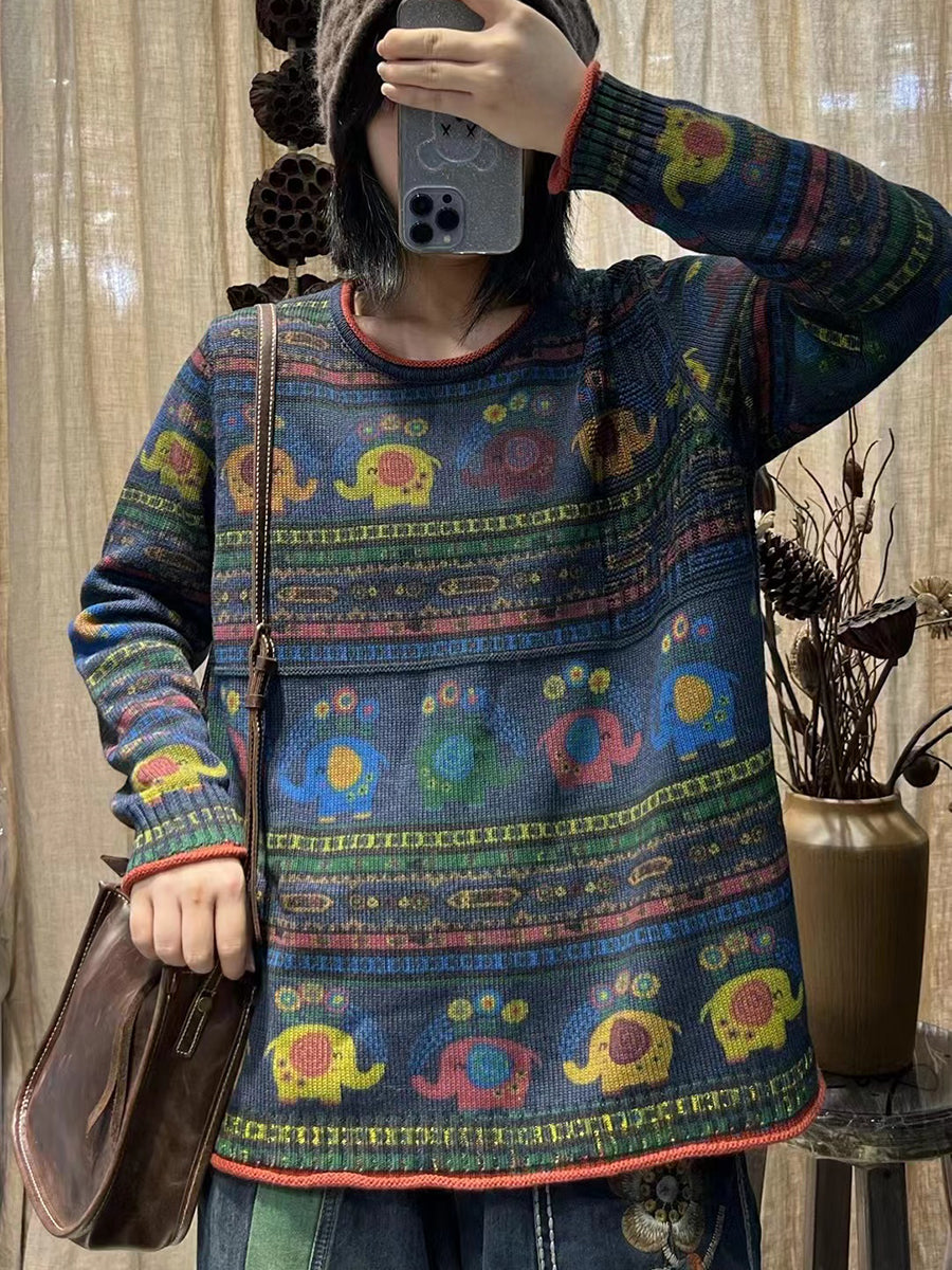 Women Winter Vintage Cotton Print O-Neck Loose Sweater