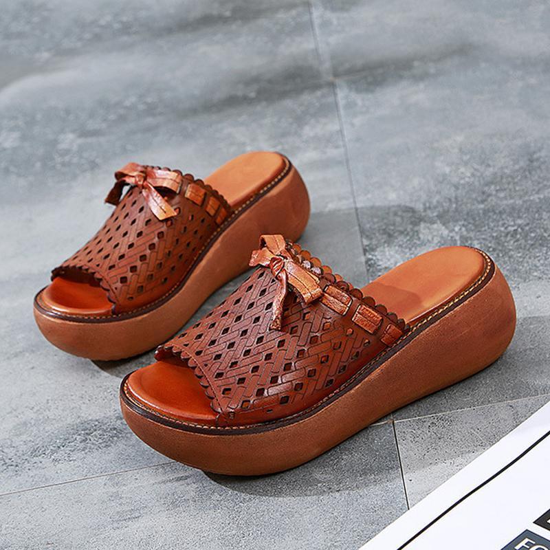 Leather Vintage Hollow Out Wedge Women Casual Slippers