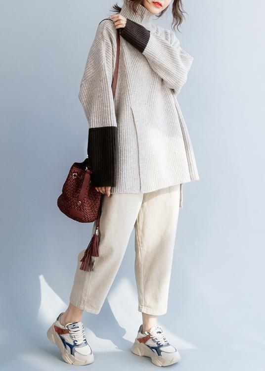 For  beige knitted top plus size high neck knit wear front open