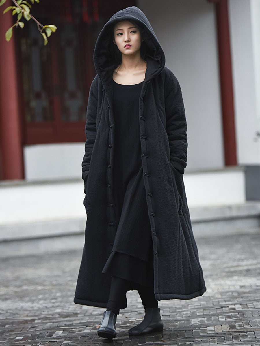 Women Winter Vintage Solid Frog Pocket Hooded Long Coat