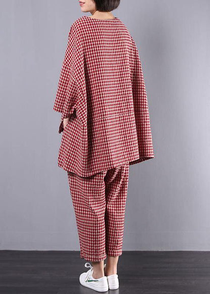 Casual Plus Size Cotton Linen red Plaid Vintage Blouse And Pants Two Pieces Set(Limited Stock)
