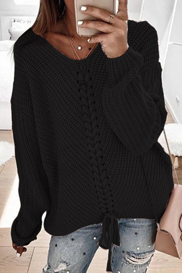 Solid Color Drawstring Knitted Sweater