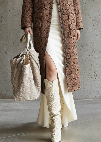 Brown Pockets Jacquard Cotton Filled Long Coats Zip Up