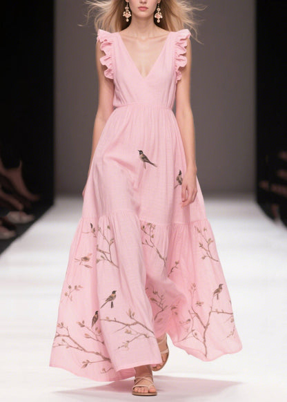 Elegant Pink Print Cotton Holiday Dress Butterfly Sleeve