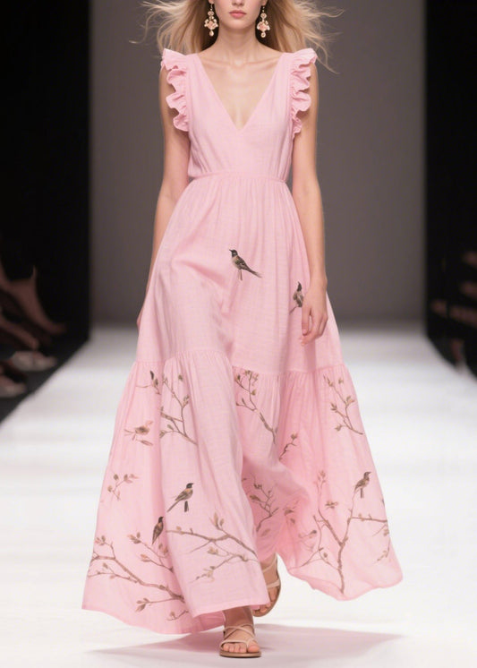 Elegant Pink Print Cotton Holiday Dress Butterfly Sleeve