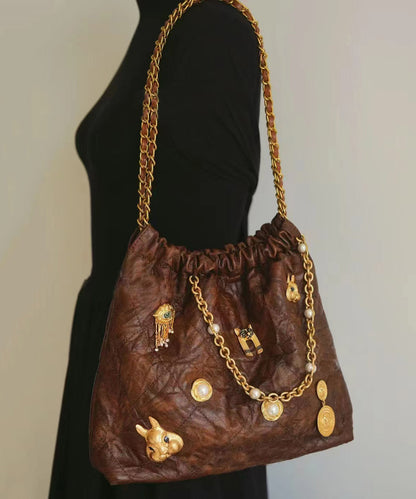 Original Design Brown Faux Leather Chain Linked Shoulder Bag