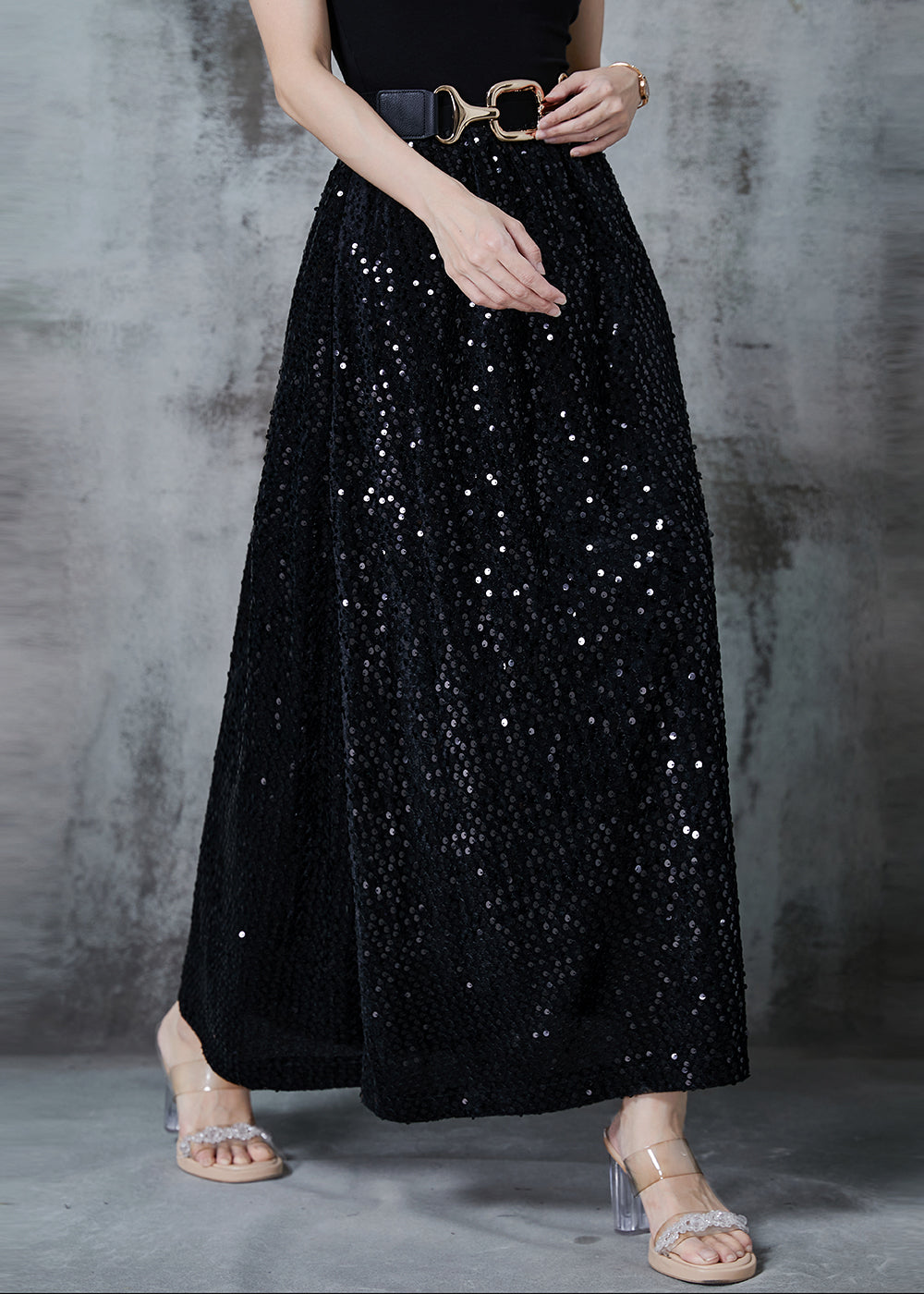 Stylish Black Sequins Cotton A Line Skirts Spring