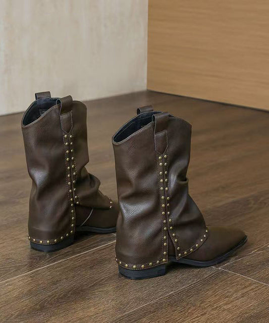 Classy Rivet Splicing Chunky Boots Black Faux Leather