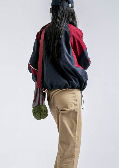 Casual Red Zip Up Pockets Drawstring Patchwork Coat Fall
