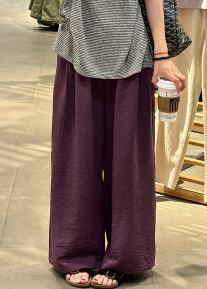 Simple Purple Solid Elastic Waist Cotton Wide Leg Pants Fall