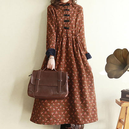 Autumn Winter Retro Floral Plush Thicken Dress