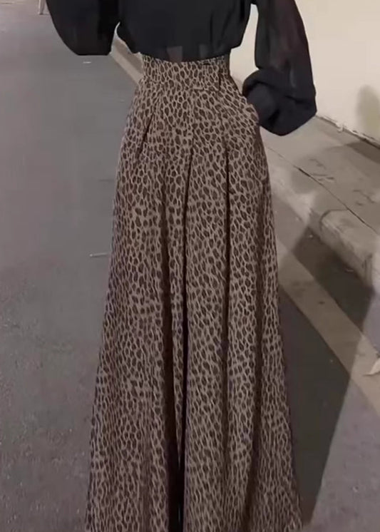 Chic Leopard Pockets High Waist Cotton Wide Leg Pants Fall