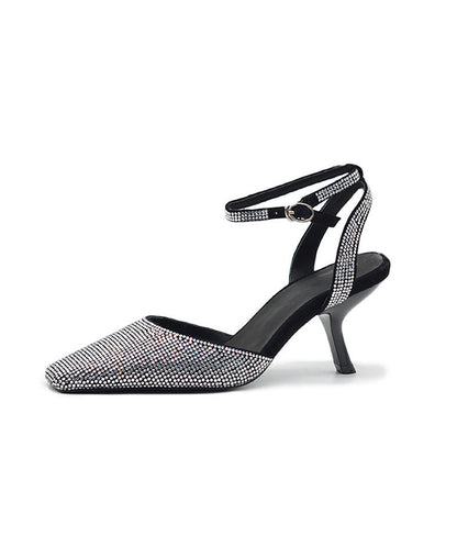 2025 Buckle Strap Splicing High Heel Sandals Black Sheepskin Zircon