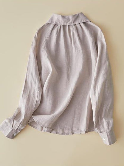 100% Linen Lapel Casual Loose Shirt In One-Size In Solid Color