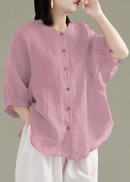 Art Print4 O-Neck Button Linen Loose Shirt Top Lantern Sleeve