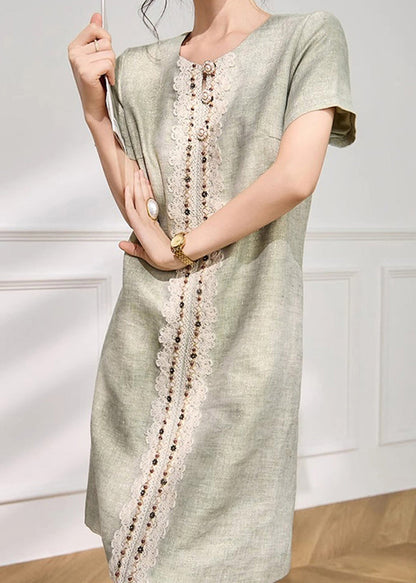 Style Green Lace Nail Bead Patchwork Mid Dresses Short Sleeve