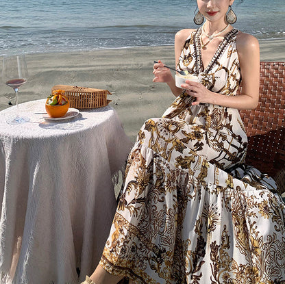 Beautiful Brown Print Chiffon Beach Sundress Summer